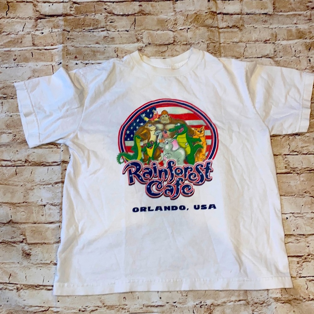 Vintage Rainforest Cafe Kids T-shirt White Crew Neck Short Sleeves Size 10 EUC